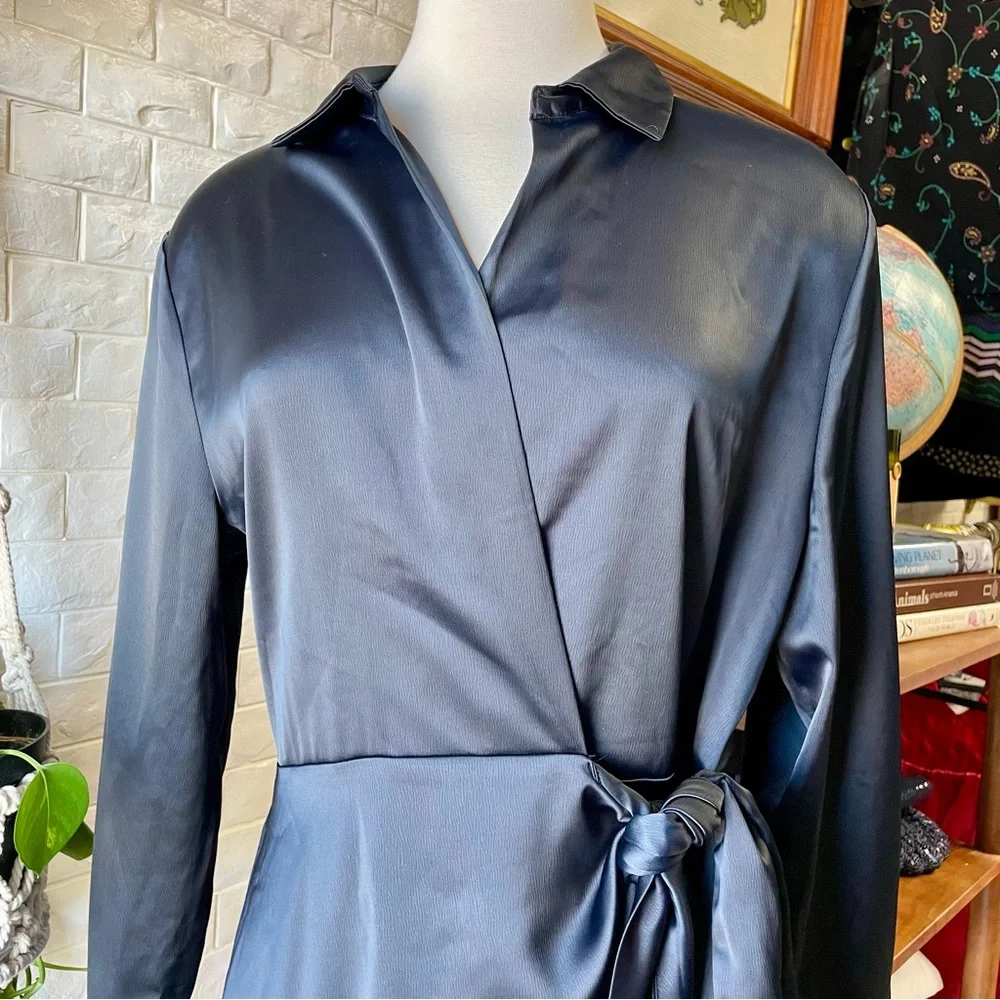 SOLD House of Harlow 1960 x Revolve Navy Satin Long Sleeve Mini Wrap Dress - Picture 6 of 14